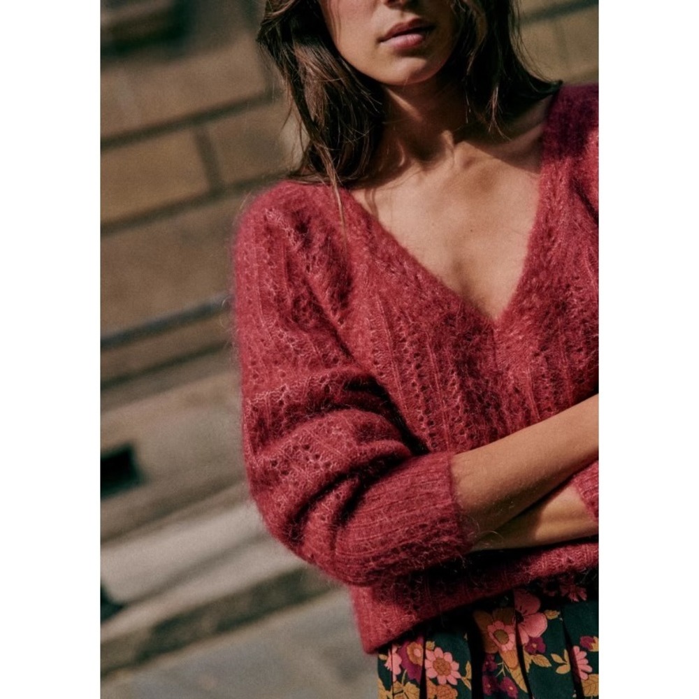 Sezane Fuzzy V-Neck Sweater in Deep Rose